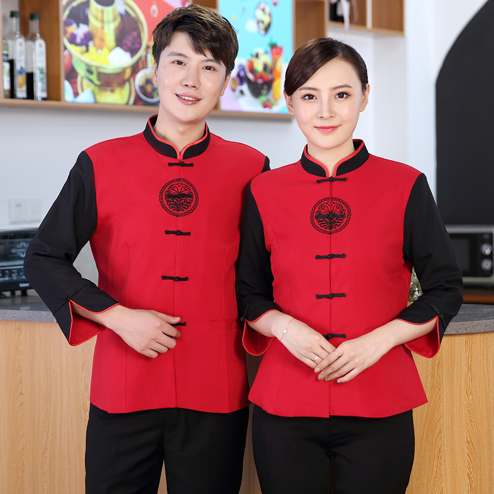 民族风服务员工作服长袖秋冬季 酒店餐饮复古农家乐男女工装制服