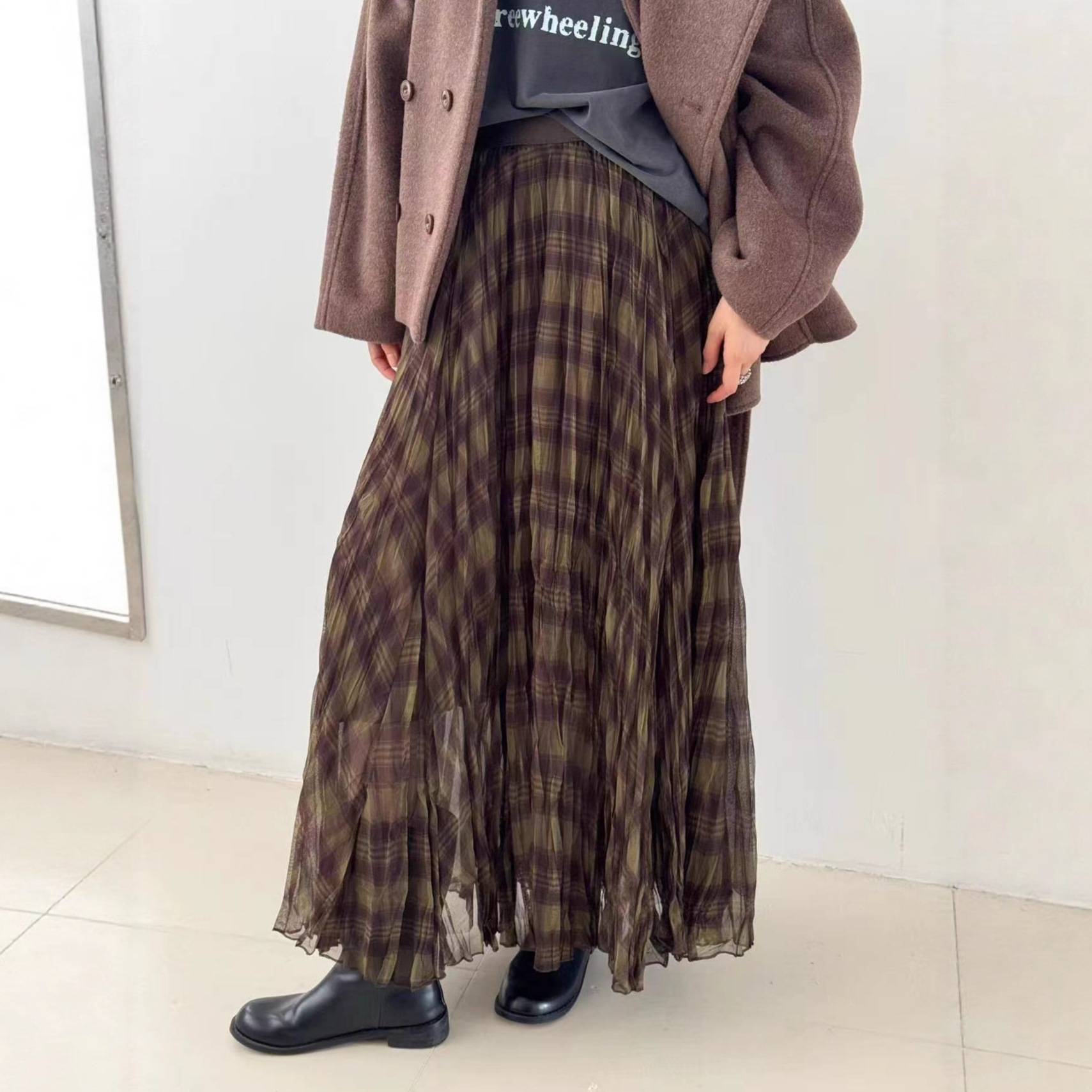 百褶格子高腰显瘦A字半身裙|