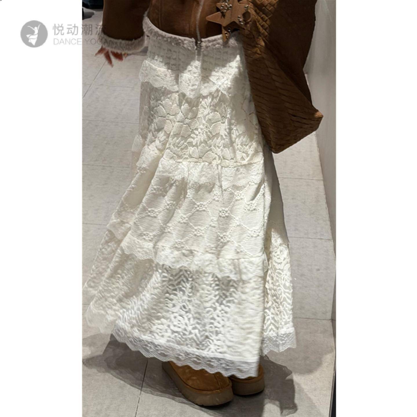 韩系奶油风甜美蕾丝花边拼接半身裙女秋冬加绒加厚A字毛绒感长裙