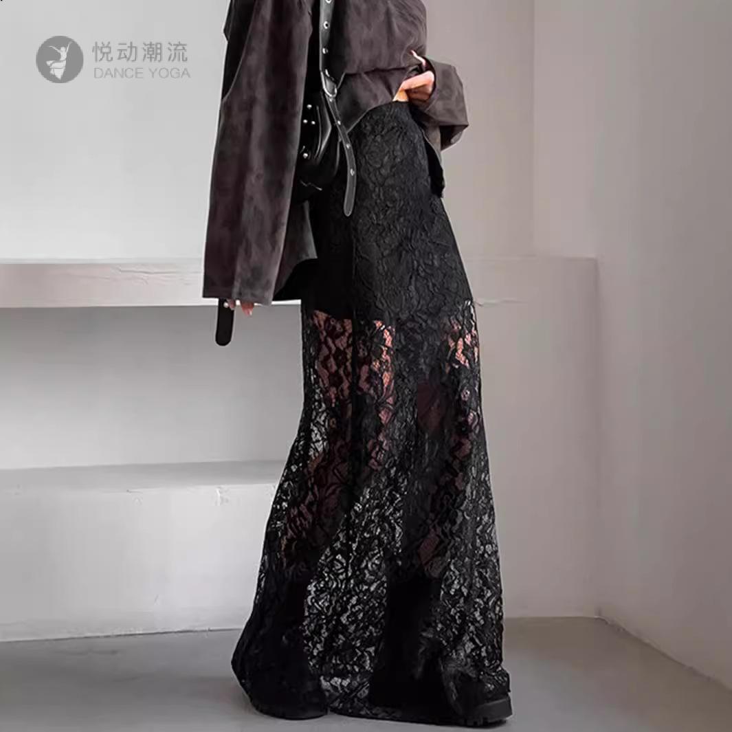 欧美复古黑色开叉蕾丝及踝裙|女