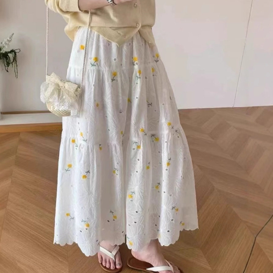 小清新刺绣花朵棉布蕾丝半身裙女