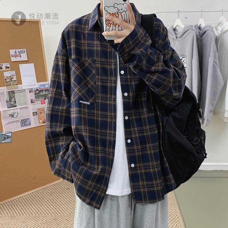 春秋款长袖格子衬衫男宽松潮流学生休闲复古帅气外穿磨毛衬衣外套