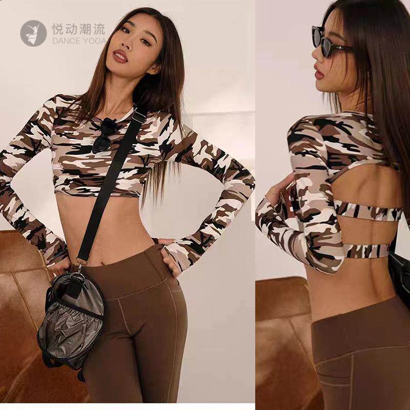 秋冬瑜伽长袖迷彩露脐美背高强度专业跑步舞蹈训练健身服长袖女