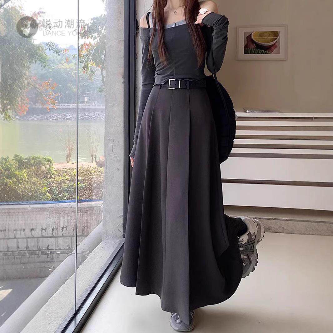 灰色西装毛呢百褶半身裙女秋冬配