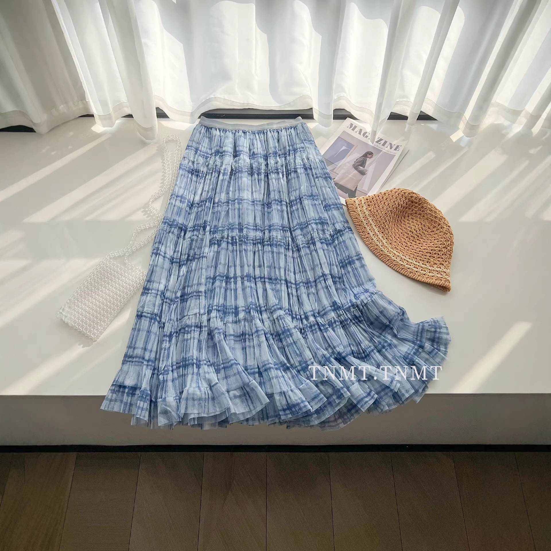 旋转裙摆蓝色格子网纱半身裙女