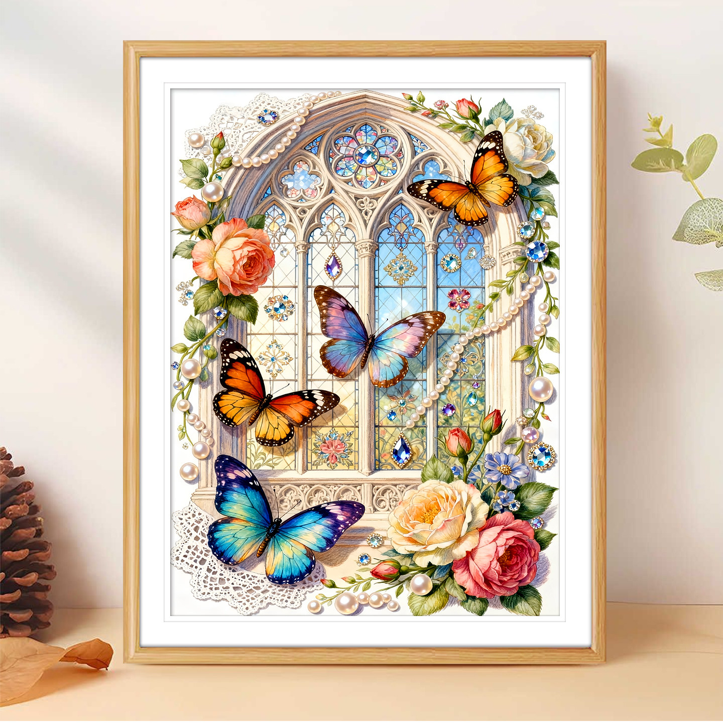 花窗蝶语十字绣2026新款客厅玄关玫瑰花卉线绣手工刺绣小件花鸟图