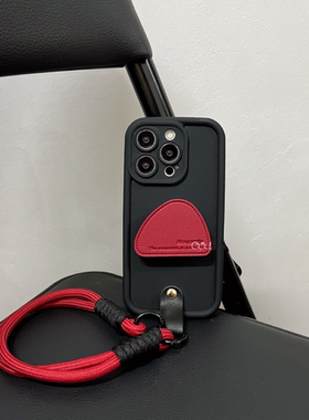 黑色皮质酒红色支架适用iphone16promax手机壳苹果13手绳12保护套14Pro女款11新款15Pro全包防摔13ProMax软壳