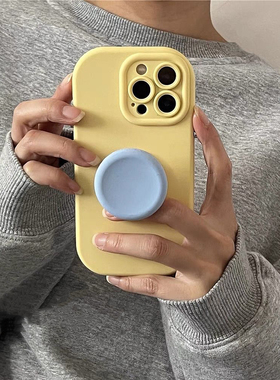 黄色圆形蓝色支架适用iphone16promax手机壳苹果13硅胶12保护套14Pro简约11新款15ProMax全包防摔13Pro软壳