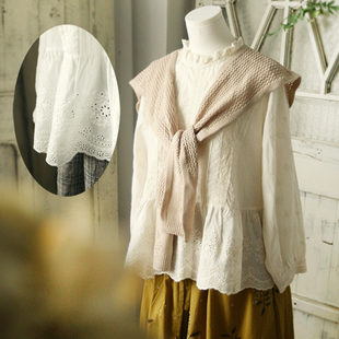 森林系甜美花边领全棉衬衫 日系全幅刺绣温婉宽松长袖套头上衣女