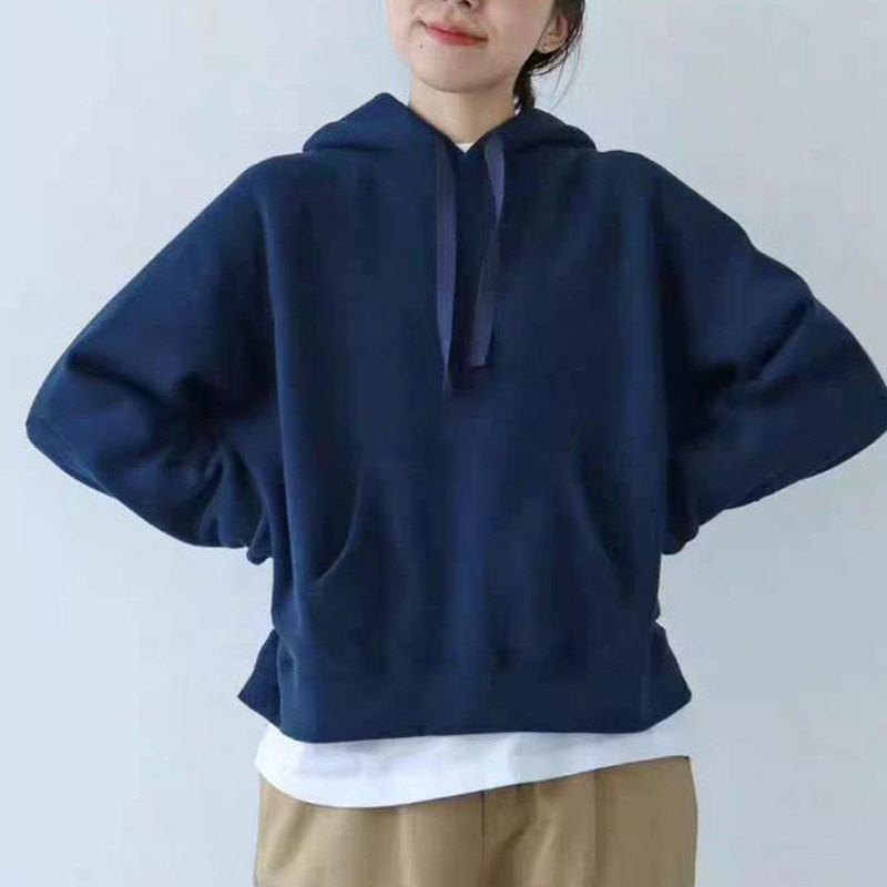 日本@社百搭休闲连帽套头卫衣 秋冬全棉加绒大口袋长袖宽松上衣女