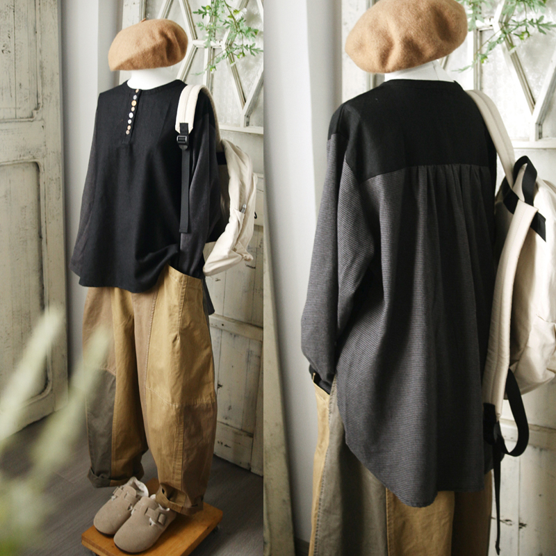 日本外贸彩色扣子文艺日系宽松衬衫 磨毛棉绒布长袖套头上衣女装