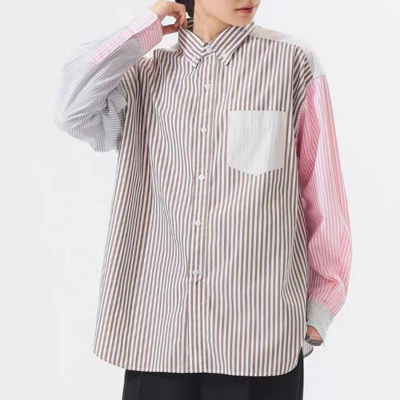 森林系外贸be*ms春装新款 撞色条纹拼接长袖衬衫日系全棉上衣女装