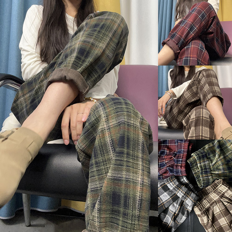 2024秋冬新款安哥拉红复古加绒毛呢格子裤高腰宽松显瘦哈伦裤女