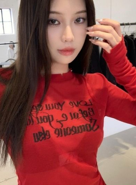 美式辣妹字母印花长袖T恤女春秋薄款防晒罩衫修身红色短款上衣潮