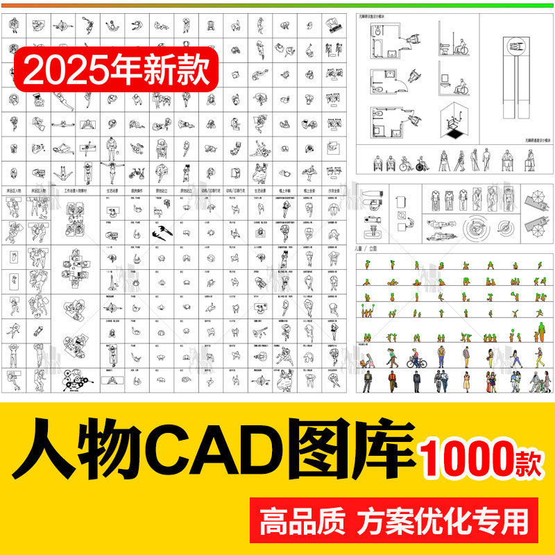 2025人物俯视顶视CAD图库图块站坐人体动作素材运动线稿dwg模块