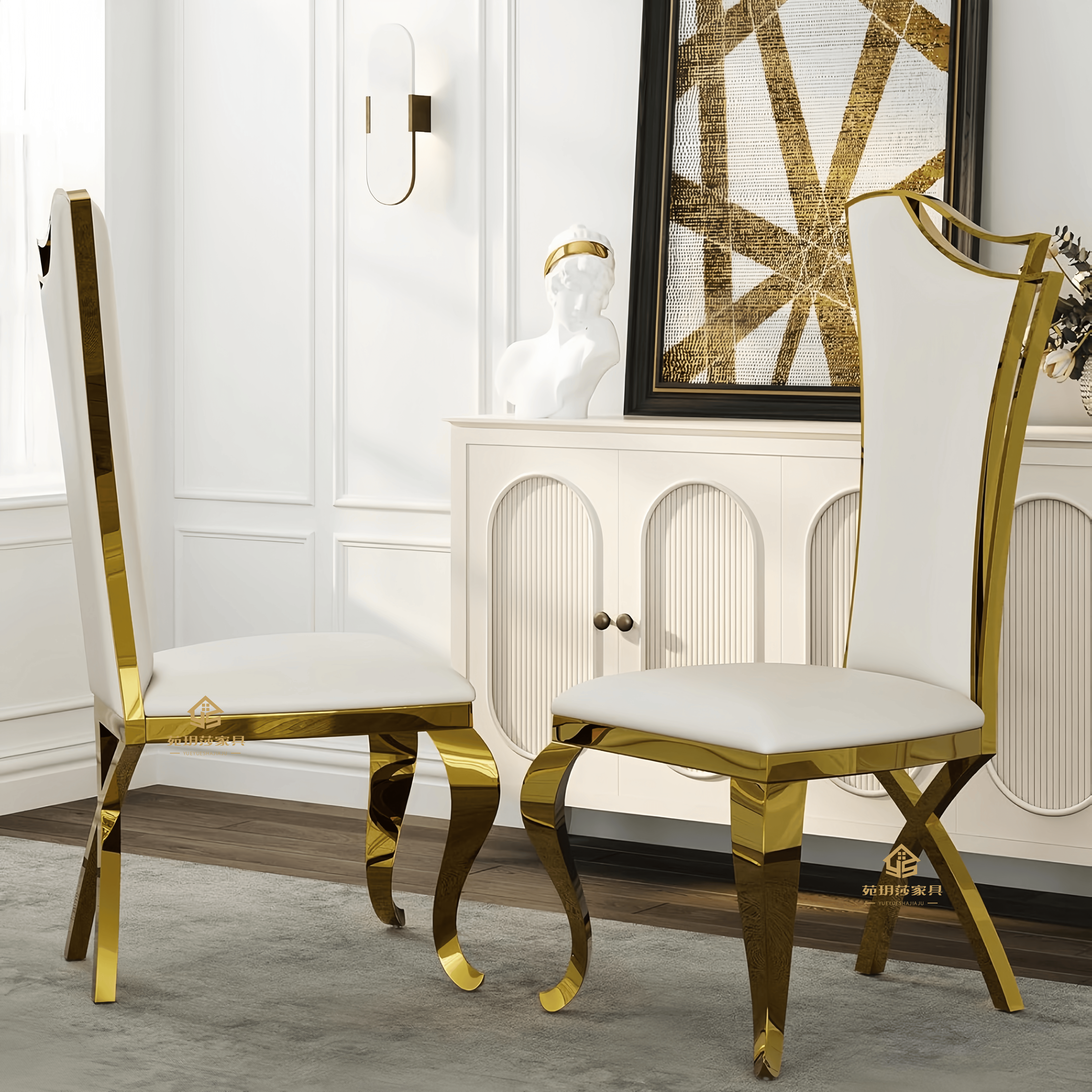 轻奢高级感餐椅现代简约不锈钢金色皮椅子家用宴会厅金色靠背餐椅