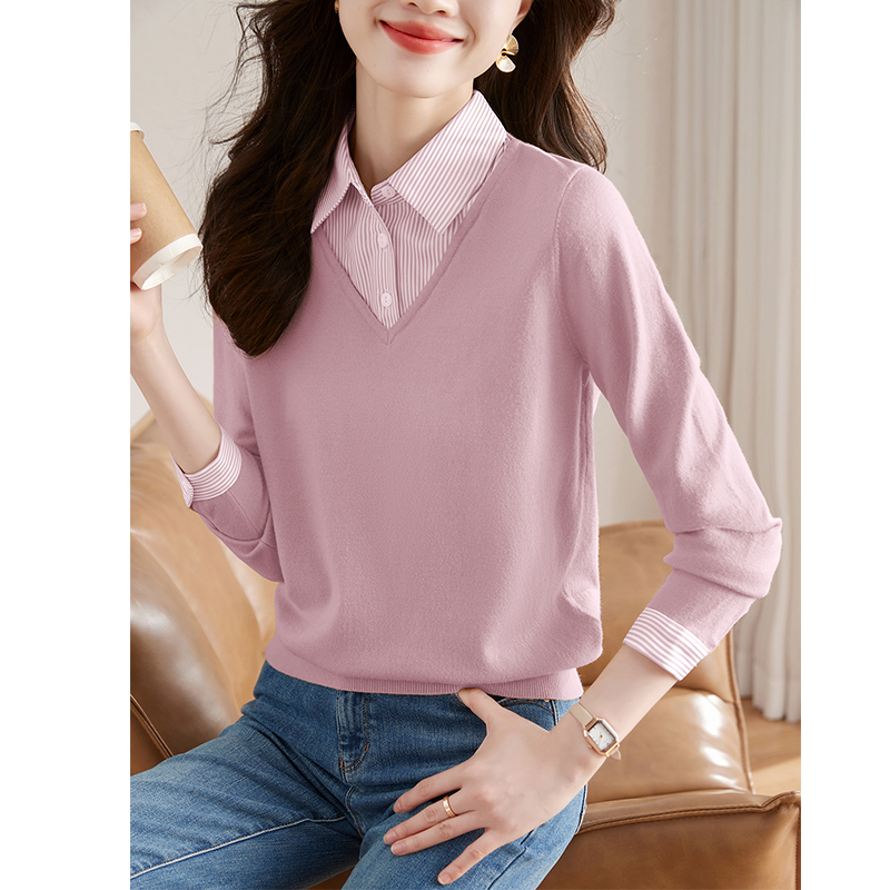 熙世假两件衬衫领针织衫女