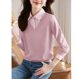 洋气拼接上衣2024早秋新款 熙世 女设计感时尚 领针织衫 假两件衬衫