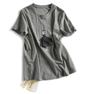 刺绣全棉T恤女短袖 宽松欧美风百搭设计感小众TX292230MG 笑涵阁
