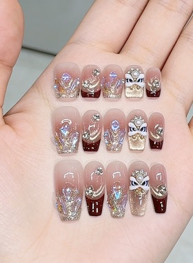 纯手工穿戴甲新款  跨年醒狮D031  纯手绘气质贴片