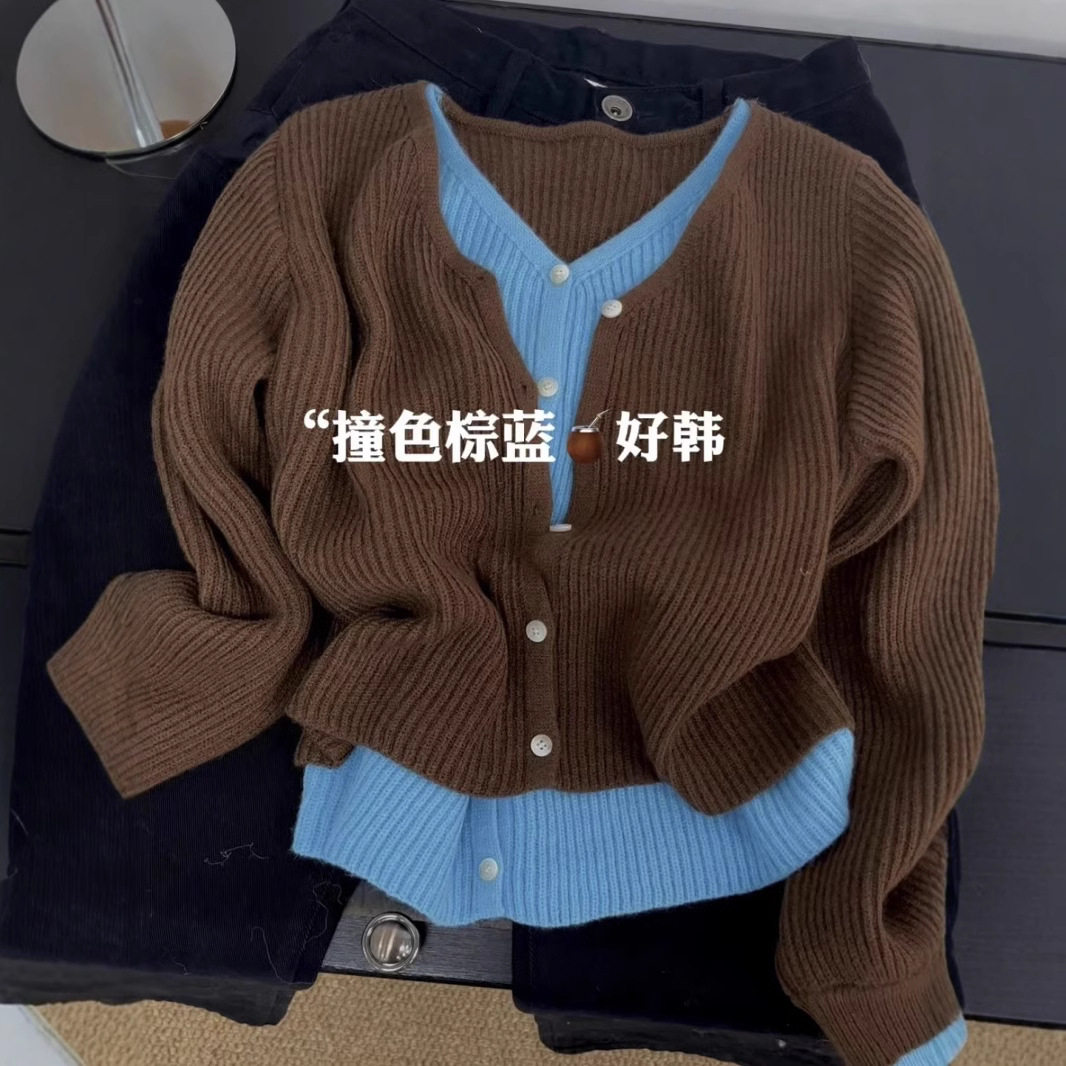 高品质！韩系穿搭chic别致假两件早秋撞色针织衫修身显瘦上衣