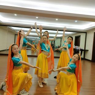 印度宝莱坞舞蹈大摆裙三件套儿童新款撞色刺绣纱丽六一演出服少儿