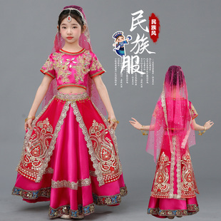 新款 异域风情印度舞民族风儿童舞蹈服哈愣刺绣纱丽大摆裙套装