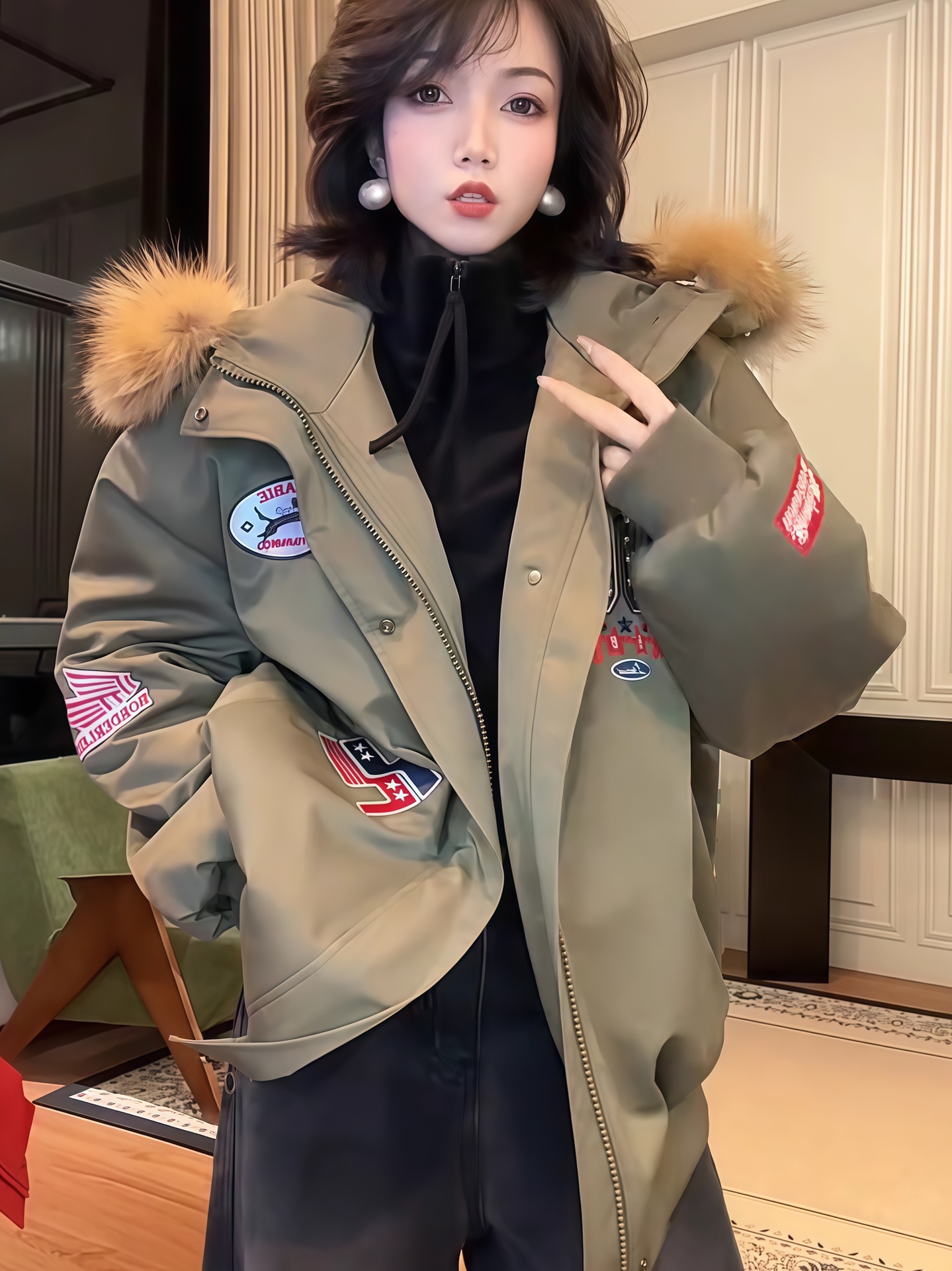 美式复古连帽内里加绒棉服外套女2025冬季刺绣加绒派克棉服外套潮