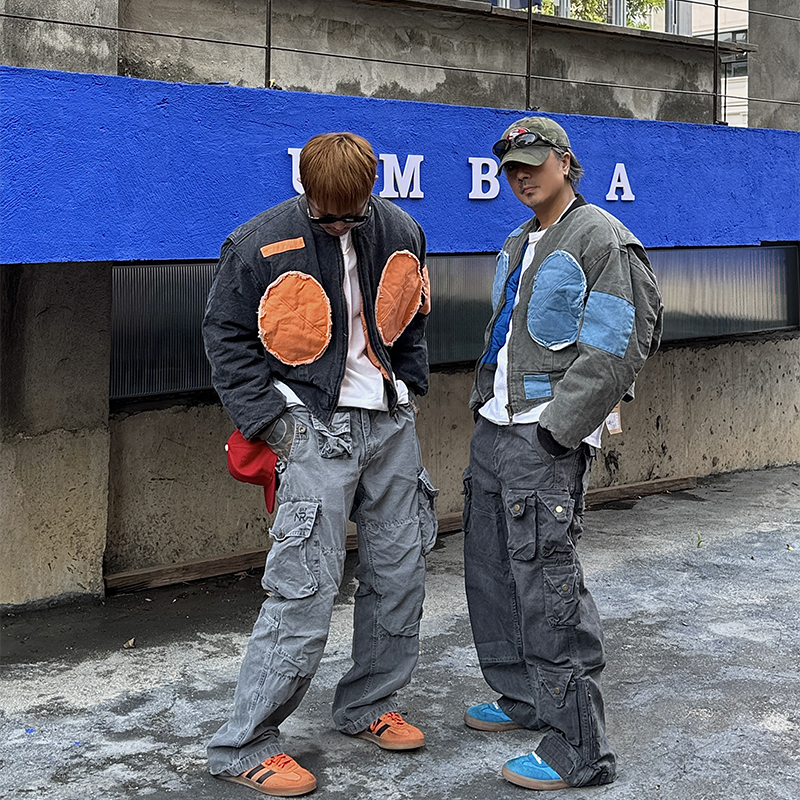 复古水洗珠帆布拼接棉服