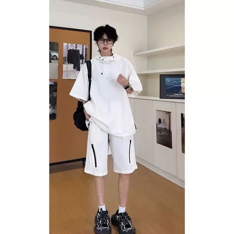 2025潮牌夏季速干短袖套装男士美式简约宽松百搭运动上衣青年短裤