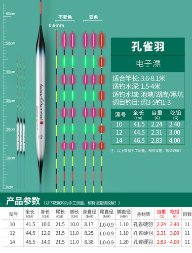 明漂坊精工，黑拉钓法，孔雀羽电子漂，日夜两用
