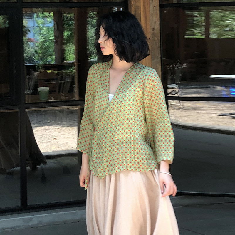 夏中国风苎麻圆点印花衬衫女斜襟宽袖系带外披七分袖宽松防晒开衫