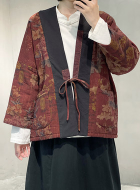 民族风短款宽松廓形印花系带棉衣