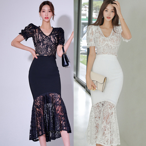 PS45155# 新款两件套夏装韩版修身蕾丝上衣时尚拼接包臀裙套装女 服装批发女装直播货源