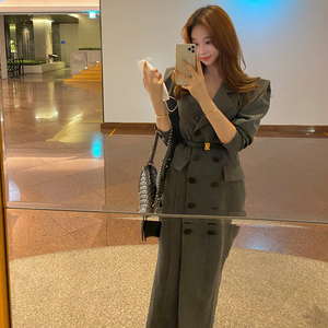 YF75822# 秋季新款韩版OL气质修身双排扣时尚长款大衣西装外套女 服装批发女装直播货源