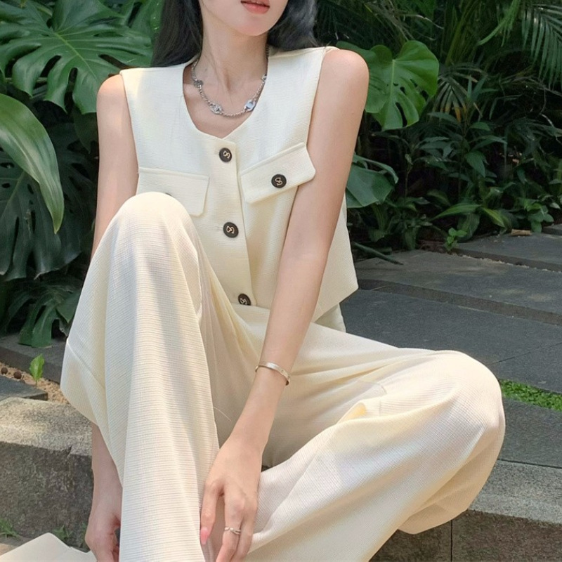 休闲套装女外穿马甲背心女2025韩版夏季宽松垂感阔腿裤长裤两件套