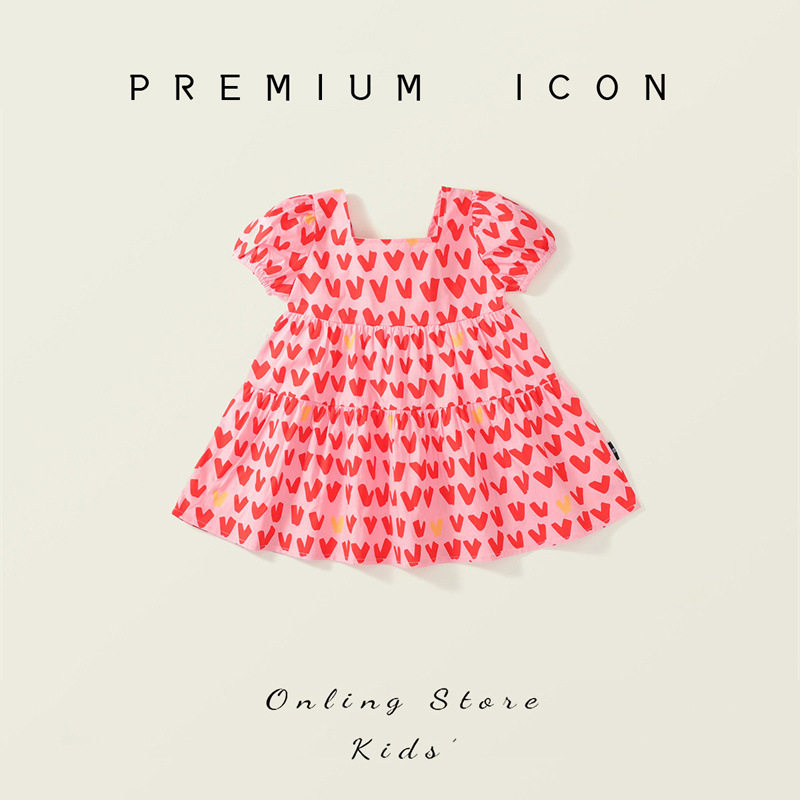 女童爱心印花纯棉连衣裙2024春夏新款宝宝韩版甜美风短袖公主裙潮