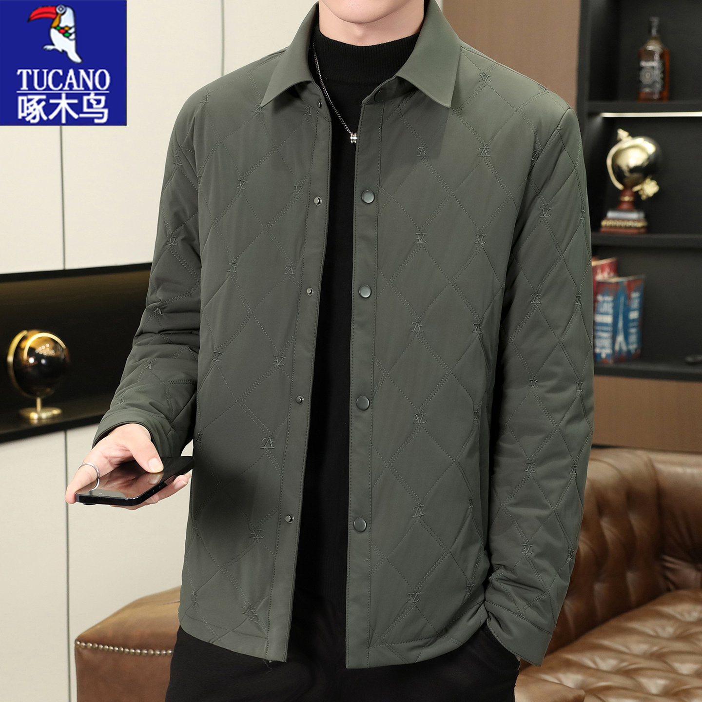 啄木鸟男菱格绗缝翻领保暖夹克