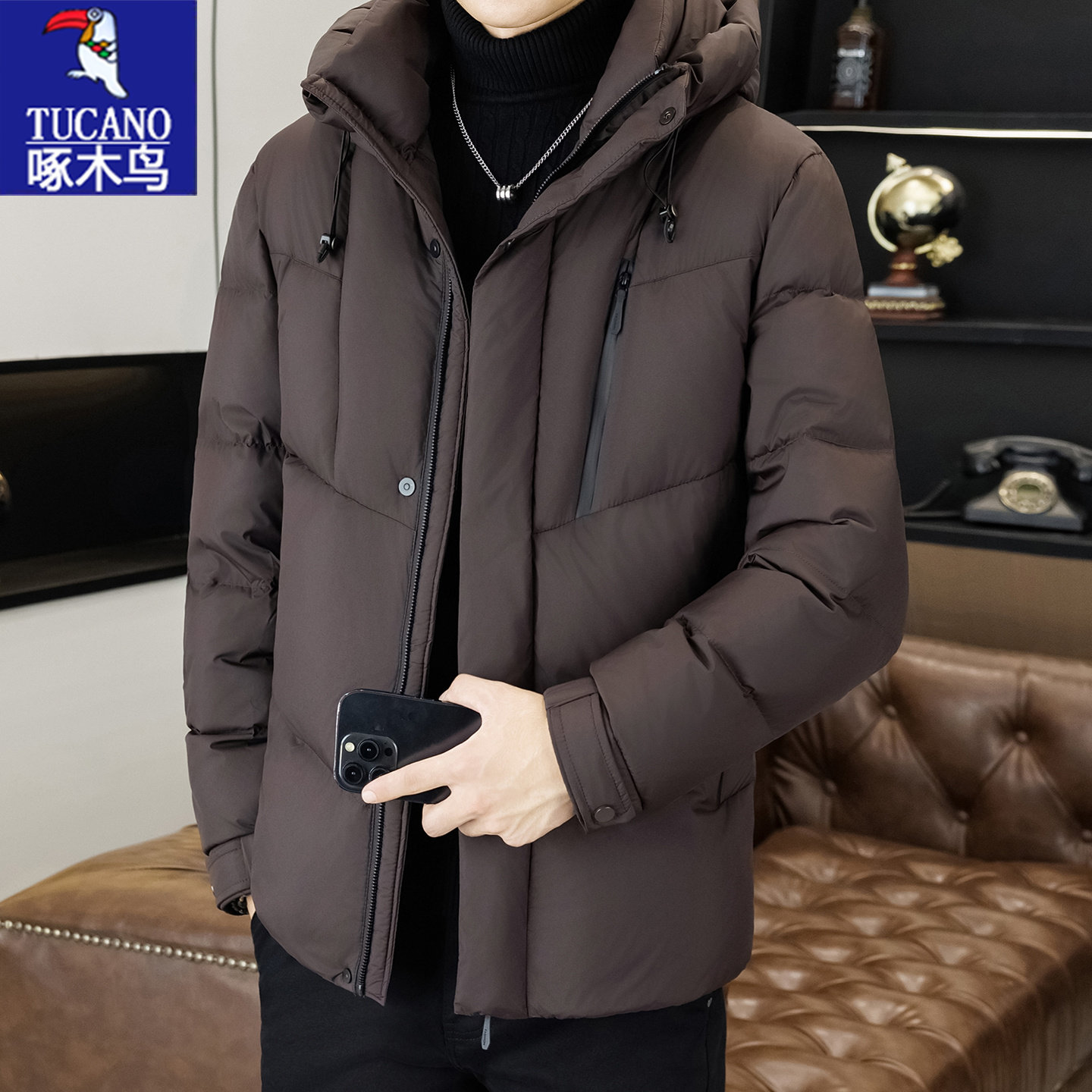 啄木鸟男短款加厚保暖连帽羽绒服