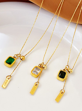 抽拉可调节方块多彩锆石水晶2024新款钛钢项链女高级感潮流锁骨链