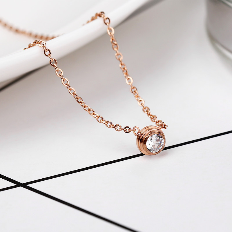 圆形钻石一颗钻吊坠钛钢项链女饰品抖音同款玫瑰金锁骨链【876】