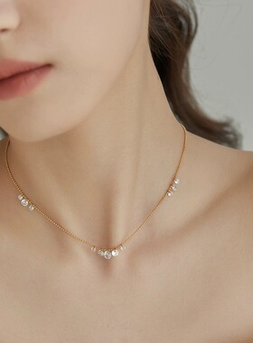镶嵌锆石个性水晶不掉色新款项链钛钢镀18K金色女法式饰品锁骨链