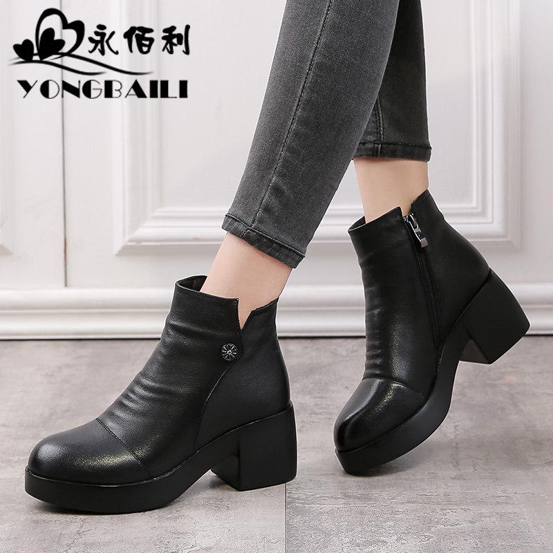 2025冬新款头层牛皮粗高跟时尚短靴女圆头休闲欧美风女靴加绒皮鞋