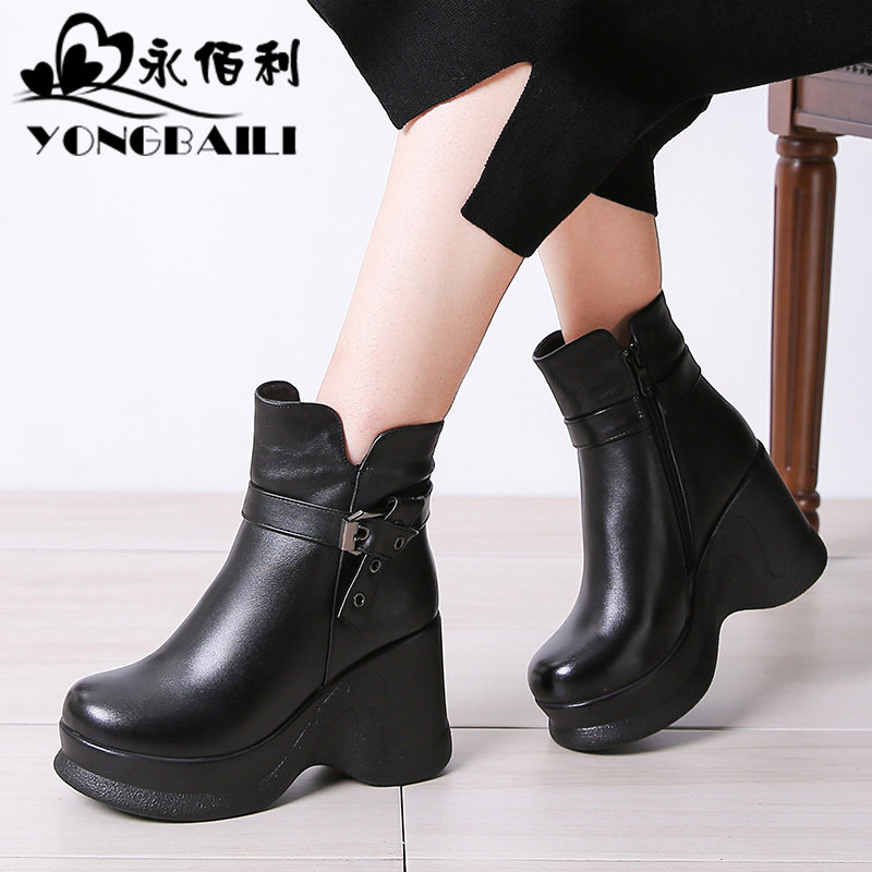 2025冬新款松糕头层牛皮短靴女真皮休闲厚底女高跟鞋靴子加绒保暖