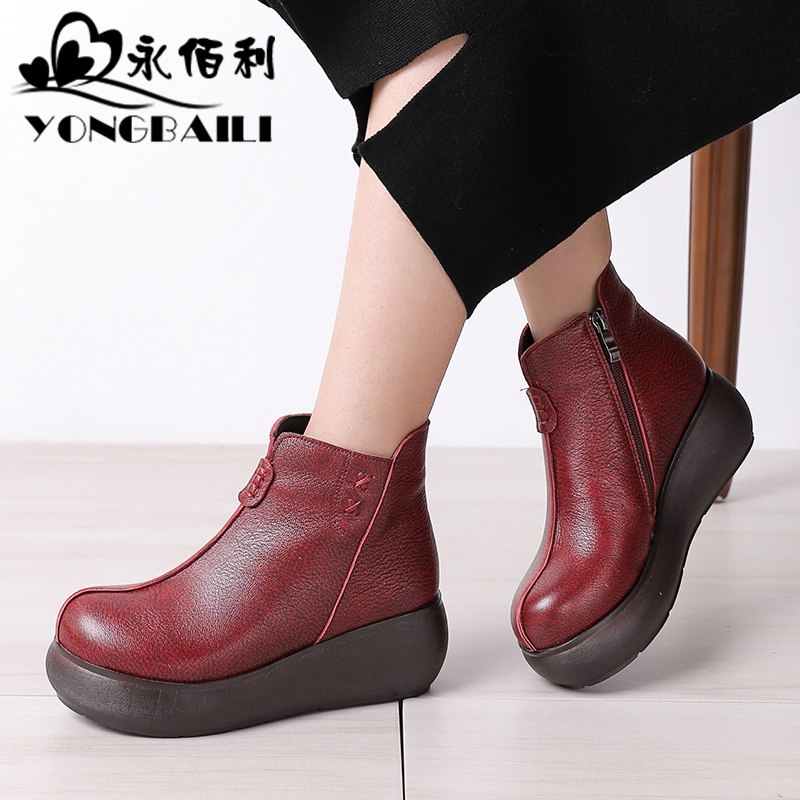 2025秋冬新款手工加绒保暖羊皮休闲短靴女高跟厚底松糕女鞋皮鞋