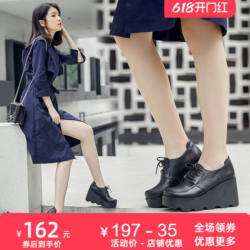 春秋新款手工真皮休闲单鞋女厚底坡高跟系带圆头舒适女鞋皮鞋女士