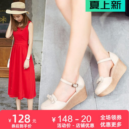 女士夏新款真皮凉鞋高跟坡跟包头中空圆头厚底休闲一字扣女鞋皮鞋