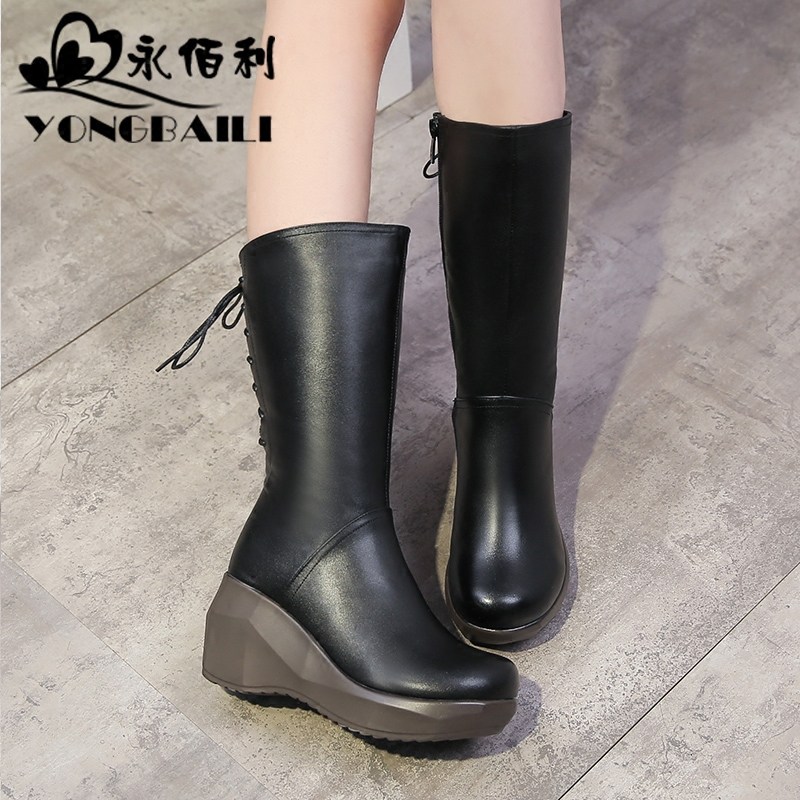 时尚休闲坡跟女靴2025秋冬新款高跟牛皮中筒靴女加绒棉皮鞋女鞋