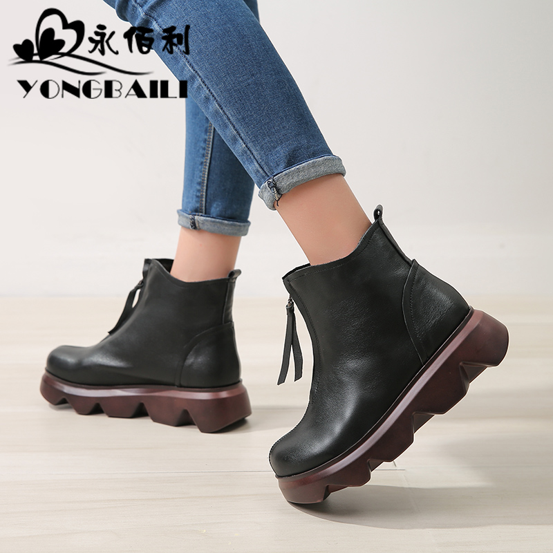 真皮手工圆头高跟加绒松糕鞋短靴