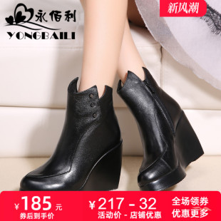 欧美风舒适圆头女短靴皮鞋 女鞋 靴子 坡跟高跟真皮时尚 2025秋冬新款